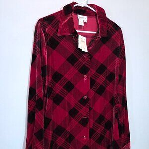 NWT Coldwater Creek Bias Red & Black Plaid Velvet Blouse Size M